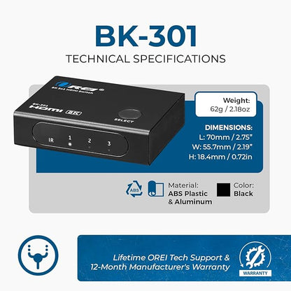 OREI HDMI Switcher with 4K@120Hz 4:4:4 / 8K@60Hz 4:2:0 - HDR10+, VRR, ALLM, QFT, CEC - 48Gbps Bandwidth - HDMI Switch with Remote – Perfect for Gaming with PS5/Xbox/PC