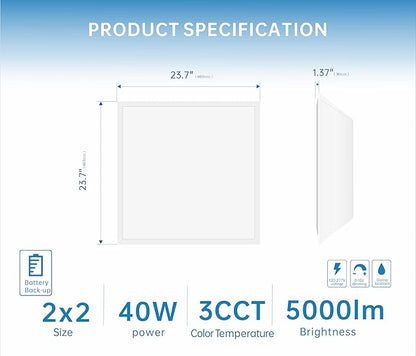 2X2 LED Flat Panel Light Emergency Battery Backup, 40W-3000K/4000K/5000K, 0-10V Dimmable, 4390 Lumens, LED Drop Ceiling Light, 100-277V, DLC and UL Listed, Ultra Thin Back-Lit (2 Pack)
