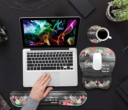 Ergonomic Mouse Pad Wrist Support and Keyboard Wrist Rest Set with Coasters, Non-Slip PU Base, Easy Typing & Pain Relief for Computer Laptop Home Office, Floral Quote Bible Verse Psalm 46:5