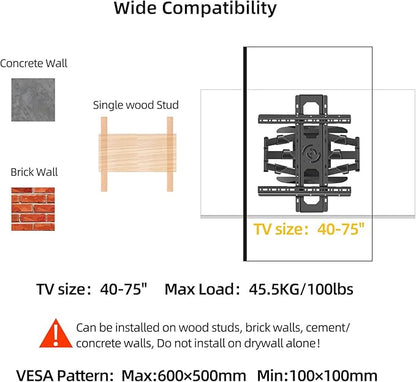 WANDEMEI Rotating TV Mount for 40-75 Inch LCD LED OLED Screen, Vertical and Horizontal Wall Mount, Swivel & Tilt & Extend & Leveling, MAX VESA 600x500mm, Holds up to 100 Lbs, DY639XZ