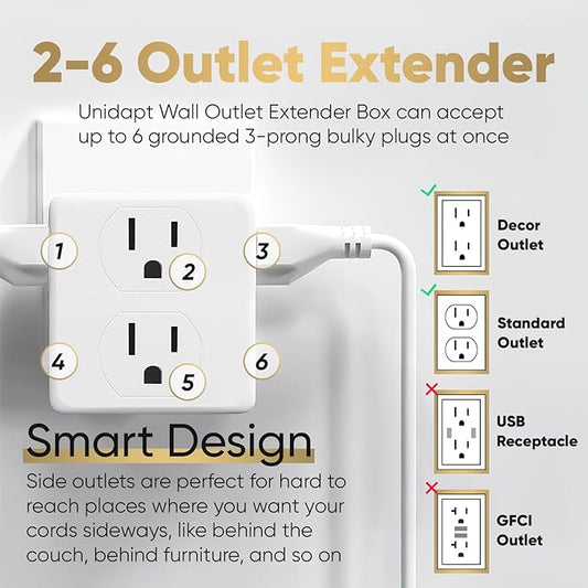 Multi Plug Outlet Splitter, Unidapt Multiple Outlets Extender Adapter with 6 AC Power Socket, Side Splitter Box, Wall Tap Plug Expander for Home Hotel Office Dorm Essentials 1-Pack, White