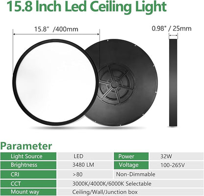 2PK 15.8 Inch Black LED Flush Mount Ceiling Light, 32W, 3480LM, 3000K/4000K/6000K CCT Selectable, Round Flat Panel Light Low Profile Ceiling Light Fitures for Hallway, Kitchen, Bedroom, Laundry Room