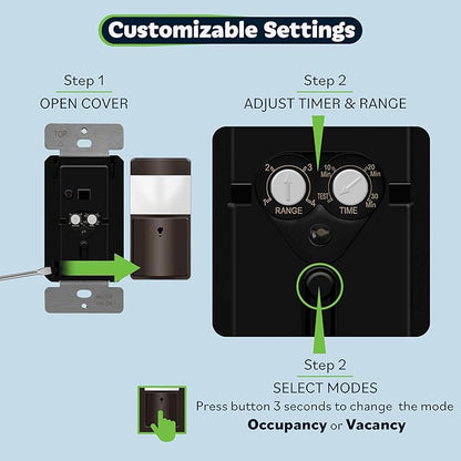 TOPGREENER PIR Motion Sensor Switch, Ambient Light Level Detector, No Neutral Required, 150W LED/CFL, 1/6 HP, Occupancy Vacancy Modes, Ground Wire Required, Single Pole, TDOS5-JM, Brown