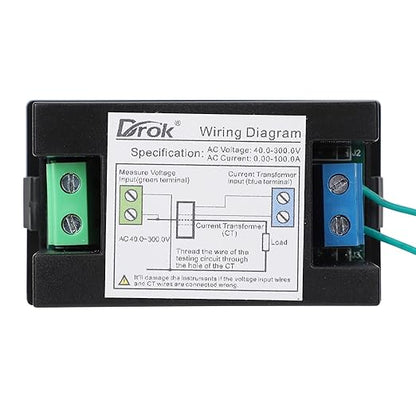 DROK AC Multimeter, AC 40-300V 100A 110V/220V Voltage Current Power Factor Frequency Electric Energy Monitor with Current Transformer, Digital LCD HD Display, Volt Amp Watt Detector Reader Panel
