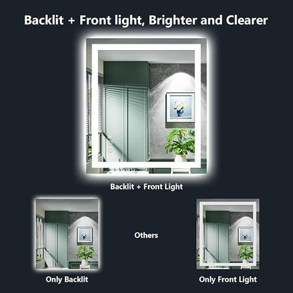 YEELAIT 24x32 Inch LED Bathroom Mirror with Lights Front and Backlit Lighted Vanity Mirror for Bathroom Wall with 3 Colors Dimmable Anti-Fog Memory Shatter-Proof IP54 Waterproof Horizontal/Vertical