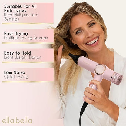 ELLA BELLA® Professional Ionic Hair Dryer with Diffuser • Negative Ion Blow Dryer • Suitable All Hair Types • Intelligent Heat Control & Rapid Drying Speeds • Lightweight Design • Low Noise Technology