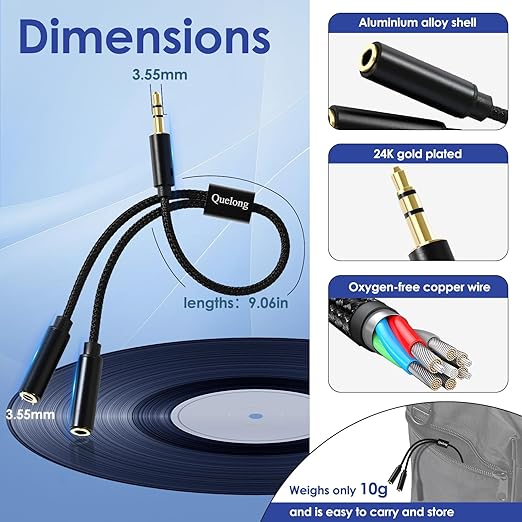Quelong 3Pcs Headphone Splitter, Dual Headphone Nylon Braided Extension Cable, Hi-Fi Audios Stereo Y Splitter 3.5mm 2 Female 1 Male, Suitable for Phones, PS4, Amplifiers, Smartphones, Tablets,etc.