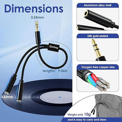 Quelong 1Pcs Headphone Splitter, Dual Headphone Nylon Braided Extension Cable, Hi-Fi Audios Stereo Y Splitter 3.5mm 2 Female 1 Male, Suitable for Phones, PS4, Amplifiers, Smartphones, Tablets,etc.