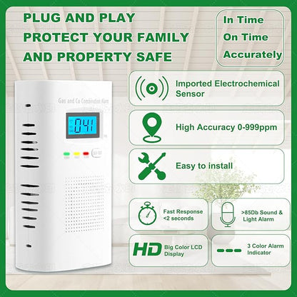 Combination Gas and Carbon Monoxide Detector Plug-in | CO Alarm & Natural Gas Combustible Detector | Digital Display, Battery Backup, Easy Install | for Home Kitchen Safety Monitoring 1-Pack