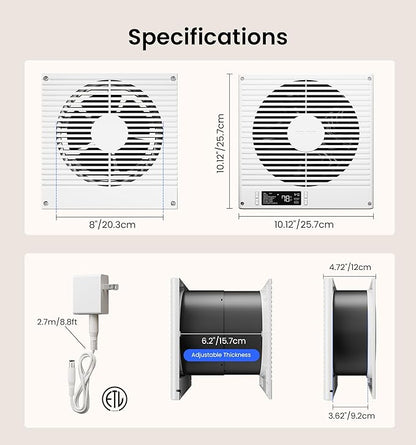 KOVIET 8" Room to Room Ventilation Fan with Remote, Quiet Reversible Through the Wall Air Transfer Fan, 10-Speed Smart Exhaust Vent, Temperature Control, ETL Certified for Bedroom, Kitchen, Laundry