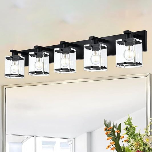 WINSHEN 5-Light Modern Vanity Lighting, Black Bathroom Light Fixture Over Mirror with Rectangular Clear Glass,E26 Bulb Base
