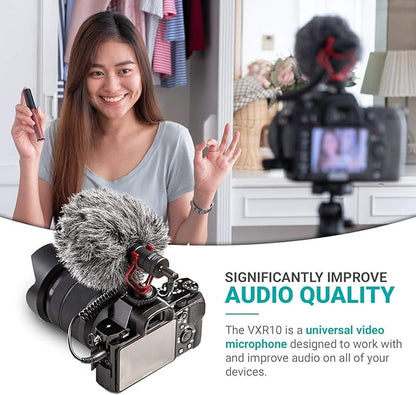 Movo VXR10 Universal Shotgun Mic for Camera - Camera Microphone for DSLR, iPhone and Android Smartphones - Compatible with Canon EOS, Nikon, and Sony Cameras - with Shock Mount, Deadcat Windscreen