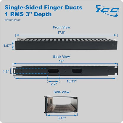 ICC 1U Finger Duct Cable Manager Panel with Cover, Plastic with Metal Back Frame, 3" Depth, Horizontal Cable Management, Rackmount for 19” Network Racks, Black, 6-Pack