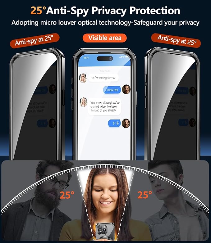 [360° Rotatable CD Stand & Built-in Privacy Screen Magnetic Case for iPhone 15 Pro Max[Compatible with MagSafe&Full Signal] Mil-Grade Shockproof Full Body Anti-Spy Cover for 15 Pro Max-Black
