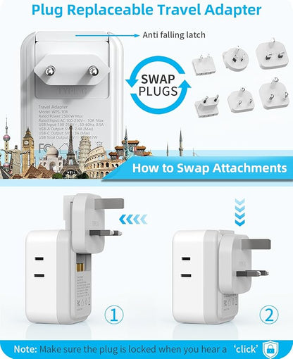 PAEWOK European Travel Plug Adapter Set, 8-in-1 Travel Adapter with 4 AC, 4 USB Ports (2 USB C), US to EU/UK Universal Adapter, International Power Adapter with Type C/G/A/I/D/M Detachable Plugs