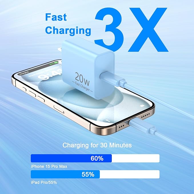 Matsusho iPhone 16 15 Charger Fast Charging 10 FT, 2 Pack 20W USB C Wall Charger with 10FT Type C to C Fast Charging Cable for iPhone 16/16 Plus/16 Pro/16 Pro Max/15/15 Pro/15 Pro Max/15 Plus, Blue