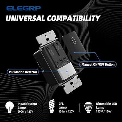 ELEGRP Occupancy Motion Sensor Light Switch, PIR Infrared Motion Activated Wall Switch, No Neutral Wire, Single Pole for CFL/LED/Incandescent Bulb, with Wall Plate, UL Listed (10 Pack, Matte Black)
