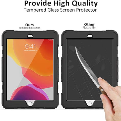 BLOSOMEET Case for iPad 9th/8th/7th Generation 2021/2020/2019 10.2 Inch with Tempered Glass Screen Protector & Pencil Holder,Protective Kids iPad 10.2 Case Cover w/Stand Hand Shoulder Strap,Black