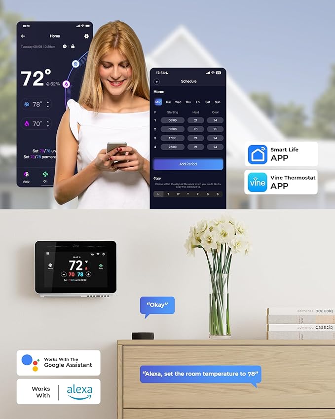 Vine Smart Thermostat for House with Nightlight, 4.3 Inches WiFi Thermostats for Home Compatible with Alexa and Google Assistant, 7day x 8period Programmable, C-Wire Required