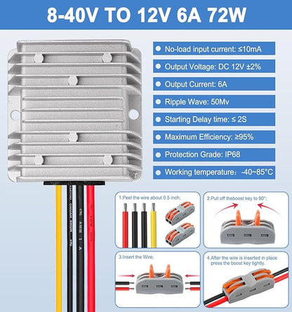EAGWELL DC 8-40V to 12V Converter 6A 72W Step Down Converter Voltage Reducer IP68 Waterproof Transformer for Golf Cart Truck Boat Vehicle
