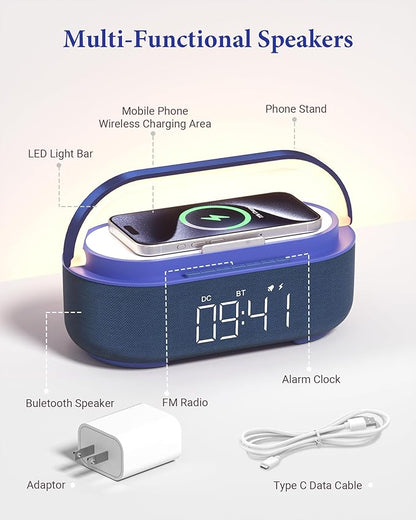 COLSUR Bluetooth Speaker Alarm Clock with Wireless Charger, FM Radio, Adjustable LED Night Light, 6 in 1 Bedroom Portable Speaker 2500mAh, Phone Stand for Bedside, Home, Office, Gift (Blue)