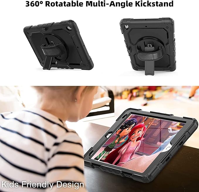 BLOSOMEET Case for iPad 9th/8th/7th Generation 2021/2020/2019 10.2 Inch with Tempered Glass Screen Protector & Pencil Holder,Protective Kids iPad 10.2 Case Cover w/Stand Hand Shoulder Strap,Black