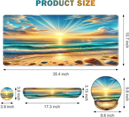 Gaming Mouse Pad, Large Desk Mat, Cute Desk Pad Protector, 4in1 XXL Mousepad + Keyboard Wrist Rest+Mouse Wrist Rest+Coaster Set with Ergonomic Desk Pad for Home Office Computer, Beach Sun Shell