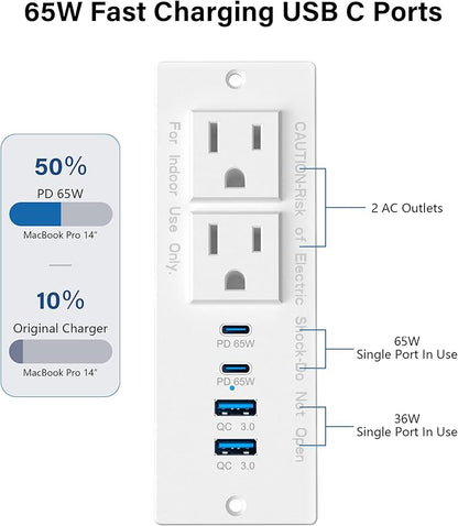 Recessed Power Strip USB C 65W Fast Charging Station,in Drawer Outlet,Furniture Flush Mount for Desktop,Workspace Essential Desk Outlet (White, 10FT)