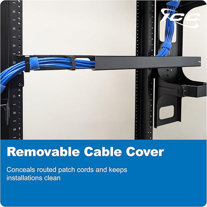 ICC 1U Ring Cable Manager Panel with Cover, Metal, 3" D-Rings, Horizontal Cable Management, Rackmount for 19” Network Racks, Black, Single Pack
