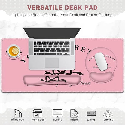Gaming Mouse Pad, Large Desk Mat, Cute Desk Pad Protector, 4in1 XXL Mousepad + Keyboard Wrist Rest+Mouse Wrist Rest+Coaster Set with Ergonomic Desk Pad for Home Office Table Computer, Pink Pretty Bow
