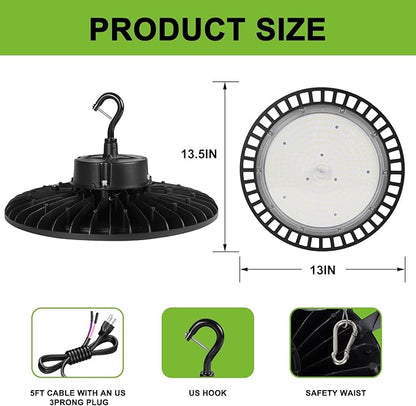 High Bay Led Shop Lights 200W 1-10V Dimmable UFO LED High Bay Light 200W 5000K with US Plug&Hook 30000LM ETL Listed - Ideal Shop Lights UFO Lights Led Warehouse