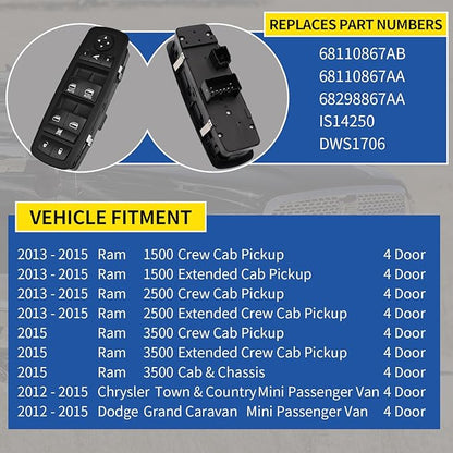 AMICAREP Master Power Window Switch Driver Side Compatible with 2012-2015 Dodge Grand Caravan Ram 1500 2500 3500 Chrysler Town & Country Replaces# 68110867AB (9+3 Pin; w/Power Folding Mirror; 4 Door)