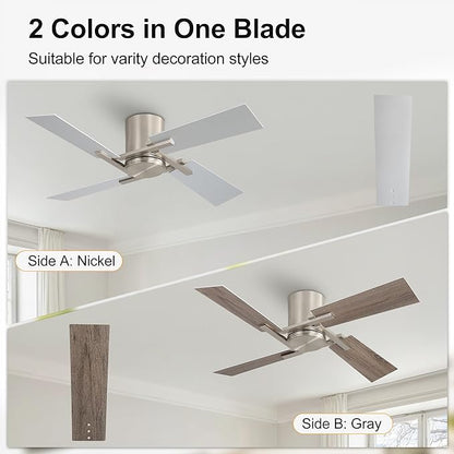WINGBO 48 Inch Flush Mount Ceiling Fan without Light - 4 Plywood Blades, 6-Speed Reversible DC Motor, Noiseless Low Profile Ceiling Fan No Light for Bedroom Living Room, Nickel and Silver/Gray