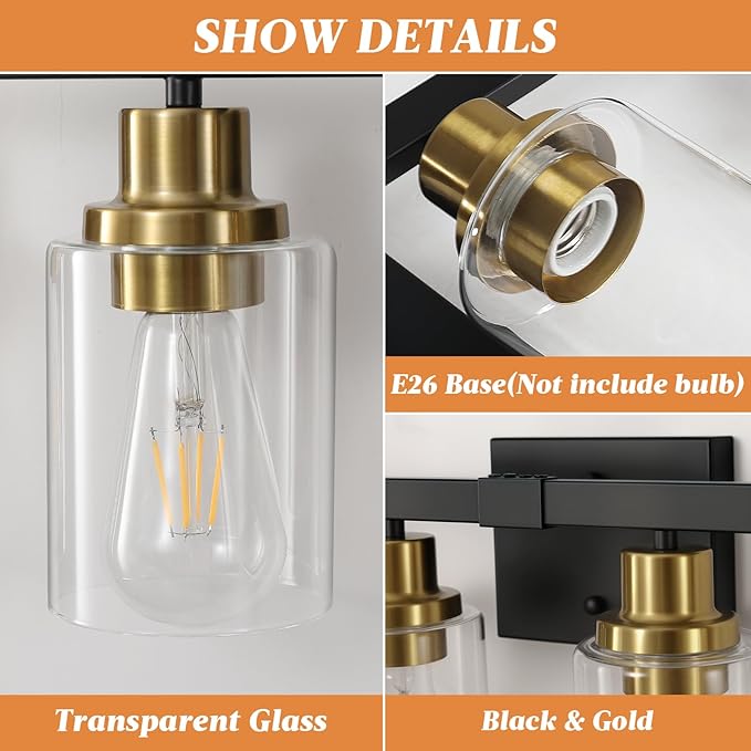 DIKAIDA Bathroom Vanity Light, 4-Light Black and Gold Bathroom Light Fixtures with Clear Glass Shade, Bathroom Lighting Fixtures Over Mirror,Bath Black Wall Lights for Mirror Bedroom,Living Room