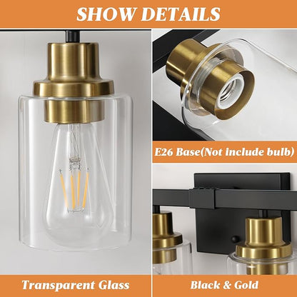 DIKAIDA Bathroom Vanity Light, 4-Light Black and Gold Bathroom Light Fixtures with Clear Glass Shade, Bathroom Lighting Fixtures Over Mirror,Bath Black Wall Lights for Mirror Bedroom,Living Room