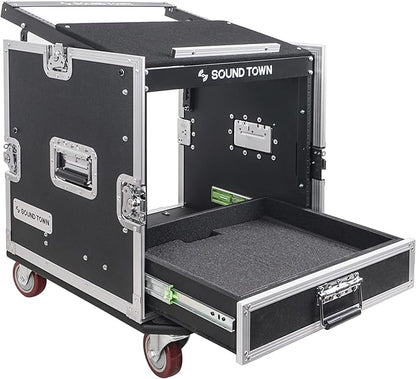 Sound Town 10U PA DJ Pro Audio Rack/Road ATA Case with 2U Drawer, 11U Slant Mixer Top, DJ Work Table, Casters, Pro Tour Grade (MR-DR10U)