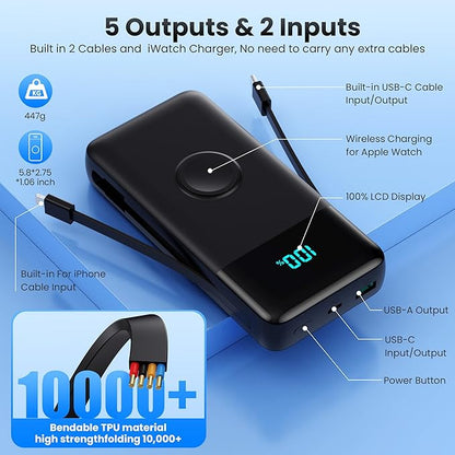 Portable Charger 40800mAh for iPhone with 2 Built-in Cable and iWatch Charger, 5-in-1 25W PD Fast Charging USB C Power Bank,QC4.0 LED Display Battery Pack for iPhone 16/15/14/13/12,Android,Apple Watch