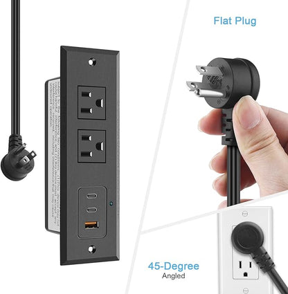 CCCEI Recessed Power Strip with 45W USB-C Ports, Fast Charging USB A Port Desk Outlet, Black Furniture Hidden Charging Station for Side Table, End Table, with 6 FT 45 Degree Flat Plug Extension Cord.