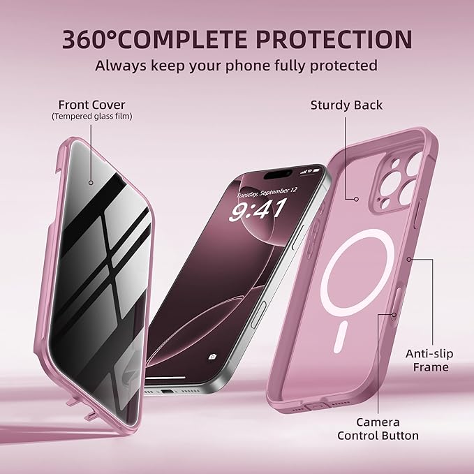 BERFY Magnetic for iPhone 16 Pro Case, Compatible with MagSafe, Built-in Privacy Screen Protector and Upgraded Camera Protection, Anti-Spy Full Body Shockproof Phone Case for 16 Pro 6.3",Palevioletred