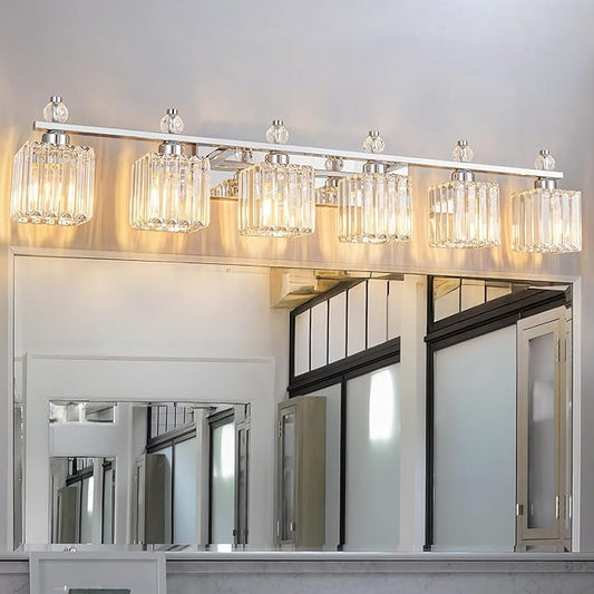 FDPBY Vanity Lights 6-Light Modern Crystal Vanity Light Chrome Bathroom Light Fixtures Over Mirror Crystal Bathroom Vanity Lighting Fixtures