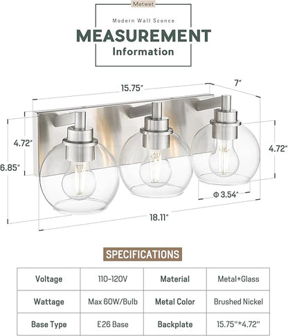 METWET Bathroom Light Fixtures, 3-Light Brushed Nickel Vanity Light, Modern Wall Sconces with Globe Clear Glass Shade, Vanity Lighting Fixtures Over Mirror, VL195-BN-CL-3