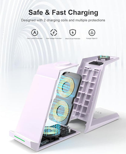 Wireless Charging Station for iPhone - ADADPU 3 in 1 Charger Stand for iPhone 16 15 14 13 12 11 Pro Max XR XS 8 Plus, Wireless Charging Dock for Apple Watch 8/7/SE/6/5/4/3/2, AirPods Pro/3/2 (Purple)