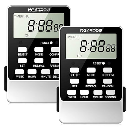 [2 Pack] Outlet Timer, NEARPOW Dual Digital Light Timer with 2 Independently-Controlled Outlets, 18 ON/Off Programs, 24-Hour and 7-Day Programmable,Indoor Electrical Timer Switch, 3 Prong, 15A/1800W