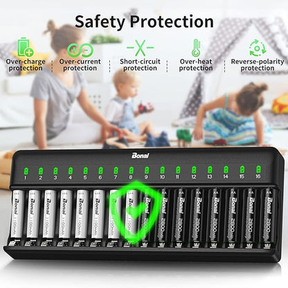 BONAI AA AAA Battery Charger 16 Bay for NiMH Rechargeable Batteries Independent Control with LED Light and Standard American AC Charging Plug, Battery not Included - Black