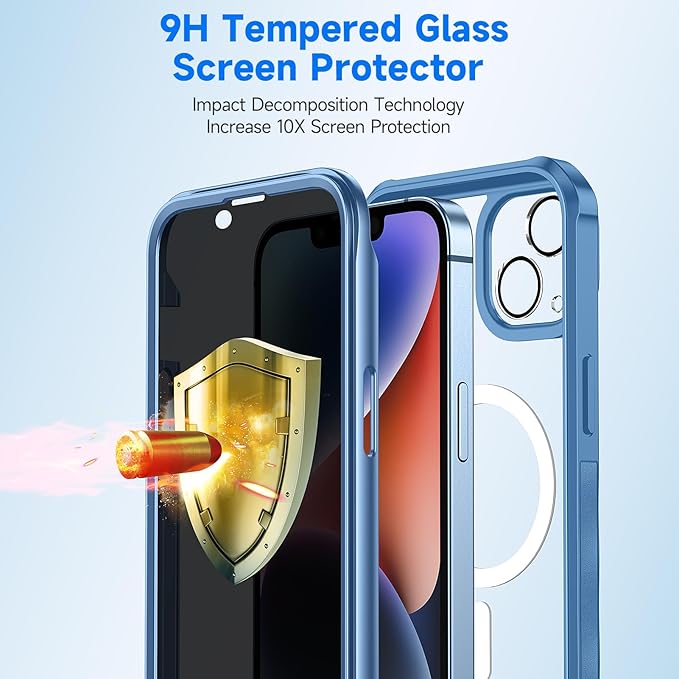 seacosmo for iPhone 14 Case, Full Body Bumper with Built-in 9H Tempered Glass Privacy Screen and Camera Lens Protector, Compatible with MagSafe, Shockproof 14 Phone Case, 6.1", Blue