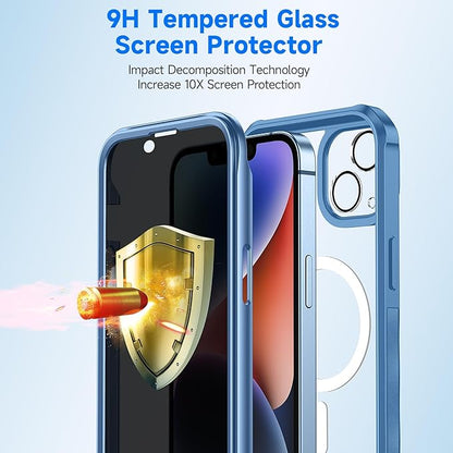 seacosmo for iPhone 14 Case, Full Body Bumper with Built-in 9H Tempered Glass Privacy Screen and Camera Lens Protector, Compatible with MagSafe, Shockproof 14 Phone Case, 6.1", Blue