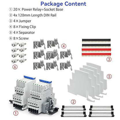 20Pcs Miniature Power Relay DC24V HF41F/24-ZS 1NO 1NC 6A SPDT with LED Indicator with Socket Base 41F-1Z-C2 with DIN Rail UL Certification