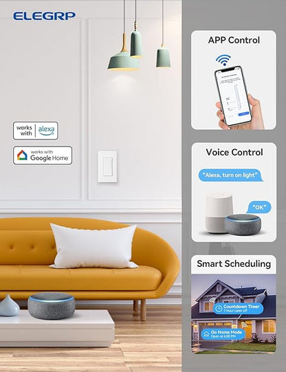 ELEGRP Smart Dimmer Light Switch DTR10, Single Pole Setup, 2.4GHz Wi-Fi Touch Dimmer Compatible with Alexa and Google Assistant, Needs Neutral Wire, No Hub Required, UL&FCC Listed, White, 10 Pack