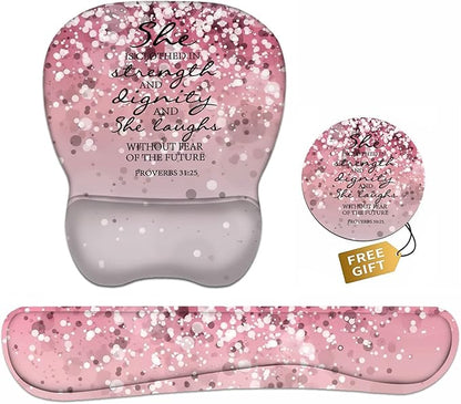 Ergonomic Mouse Pad Wrist Support and Keyboard Wrist Rest Set with Coasters, Non-Slip PU Base, Easy Typing & Pain Relief, Perfect for Home Office Working Studying, Bible Verses Proverbs 31:25