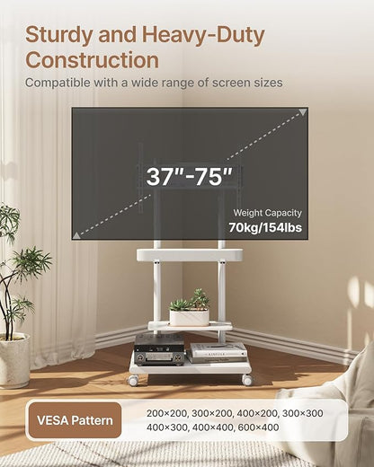 ECOTINY Steel Base Rolling TV Stand with Soundbar Mount for 37-75 inch TVs up to 154lbs, Swivel&Tilt Mobile TV Stand with Large Storage, Height Adjustable Heavy-Duty TV Cart, Max VESA 600x400mm, White